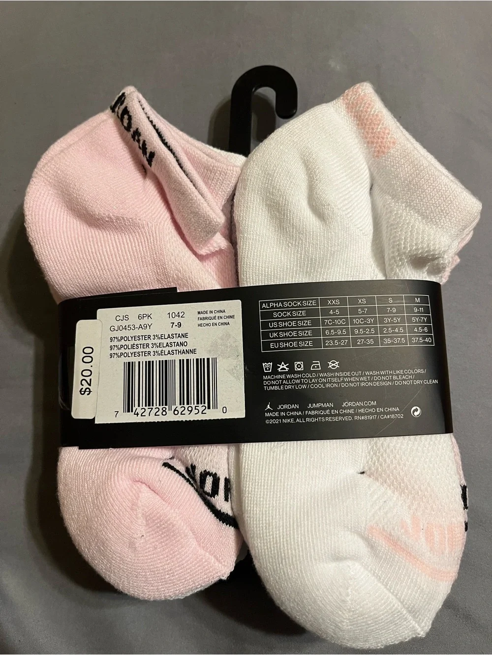 2 Jordan Girls 6-Pack Cushioned Ankle Socks - Pink & Black